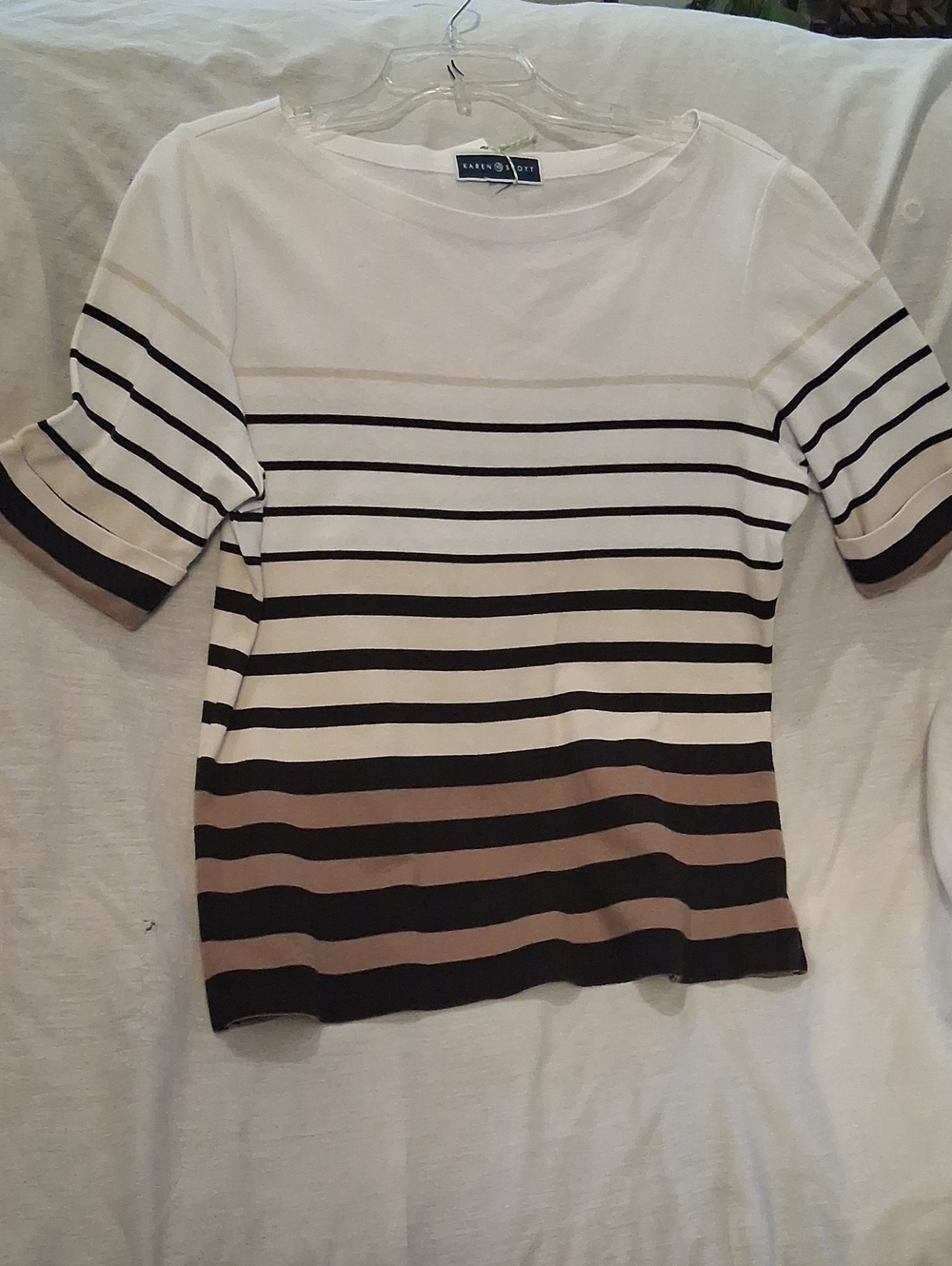 Karen Scott White Black and Tan Striped Short Sleeve Top